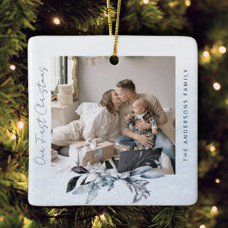 Zwart-wit dennenpaar familie eerste kerst keramisch ornament