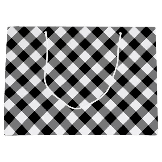 Zwart-wit diagonaal geruite geschenktas large cadeautasje (Voorkant)
