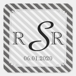 Zwart-wit Diagonale Streep Bruiloft Monogram Vierkante Sticker
