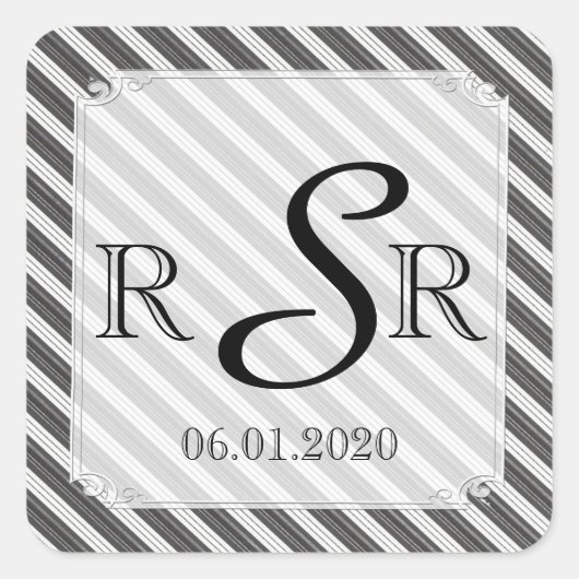 Zwart-wit Diagonale Streep Bruiloft Monogram Vierkante Sticker (Voorkant)