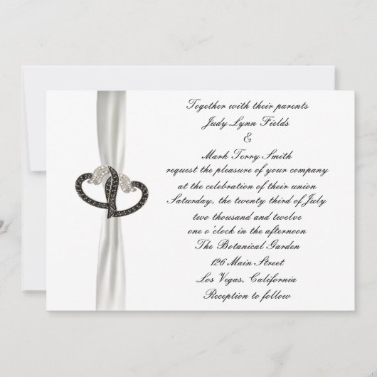 Zwart & Wit Diamant Harten Bruiloft Uitnodiging (Voorkant)