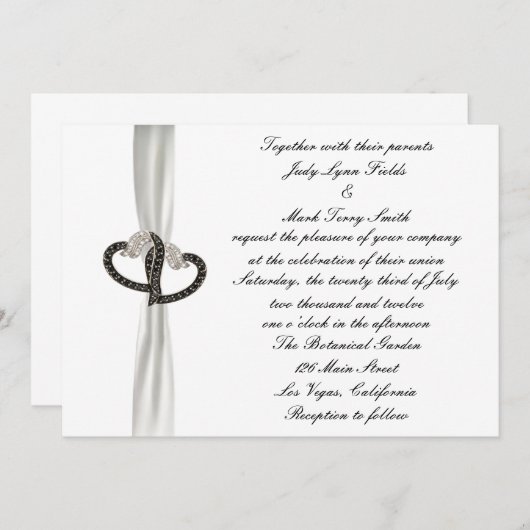 Zwart & Wit Diamant Harten Bruiloft Uitnodiging (Voorkant / Achterkant)