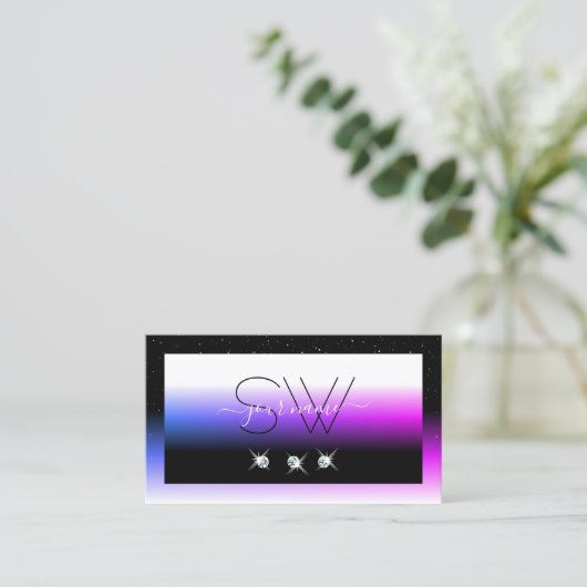 Zwart wit diamant Roze Paars gradiëntmonogram Visitekaartje (Staand voorkant)
