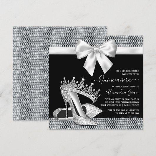 Zwart Wit Diamant Tiara Schoen Glam Quinceanera Kaart (Voorkant / Achterkant)