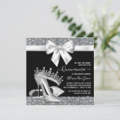 Zwart Wit Diamant Tiara Schoen Glam Quinceanera Kaart (Staand voorkant)