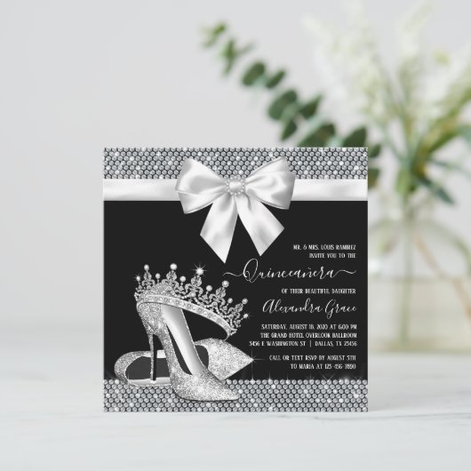 Zwart Wit Diamant Tiara Schoen Glam Quinceanera Kaart (Staand voorkant)