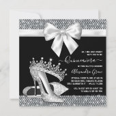 Zwart Wit Diamant Tiara Schoen Glam Quinceanera Kaart (Voorkant)