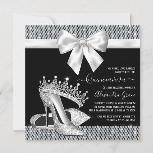 Zwart Wit Diamant Tiara Schoen Glam Quinceanera Kaart (Voorkant)