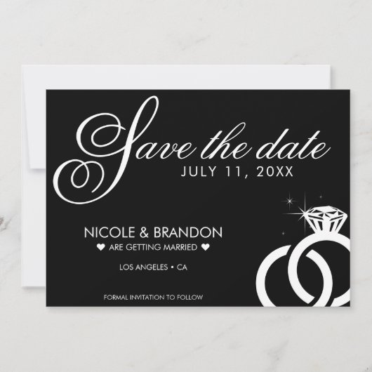 Zwart & Wit Diamanten Ring Bruiloft Save The Date (Voorkant)