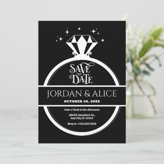 Zwart-wit diamanten ring  save the date (Staand voorkant)