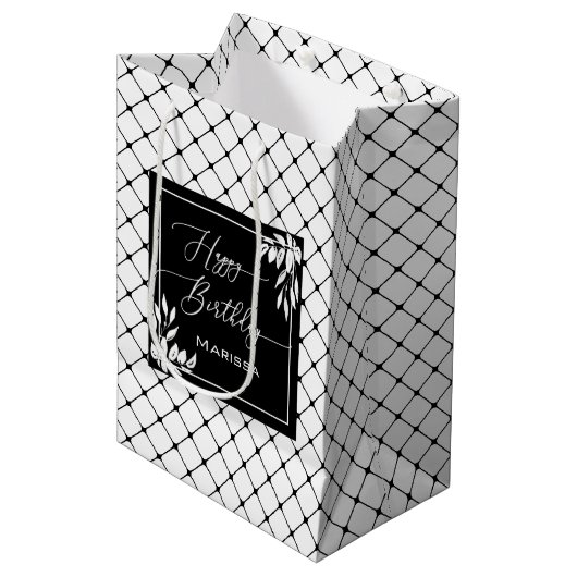 Zwart & Wit Diamantpatroon Botanische Verjaardag Medium Cadeauzakje (Voorkant Gekanteld)