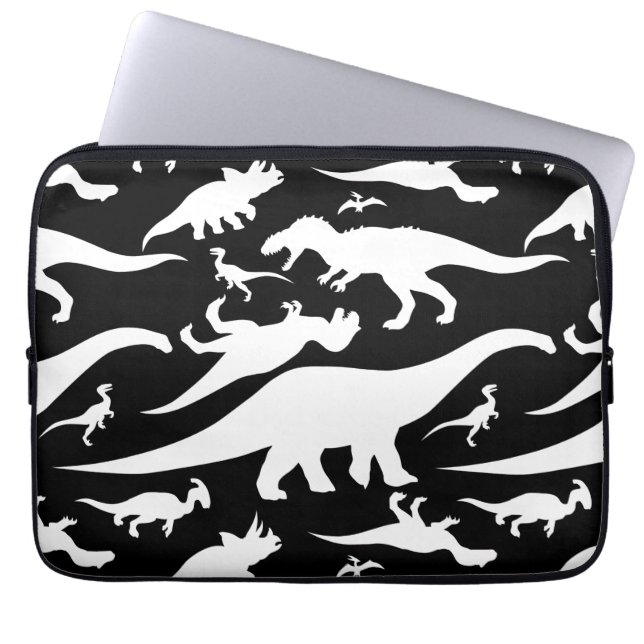 Zwart-wit dinosauruspatroon laptop sleeve (Voorkant)