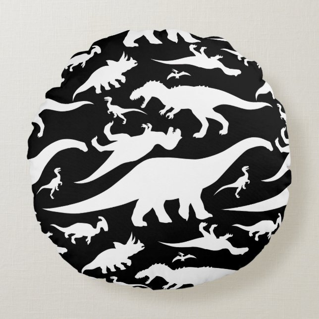 Zwart-wit dinosauruspatroon rond kussen (Voorkant)