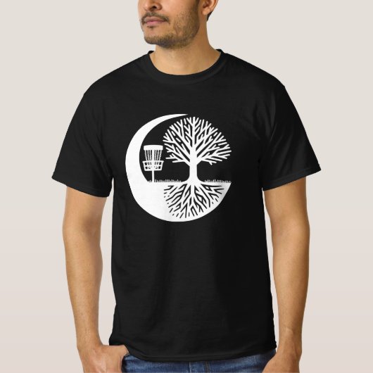Zwart-wit Disc Golf en boomwortels T-shirt (Voorkant)