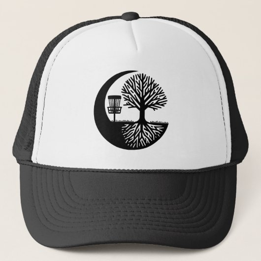 Zwart-wit discgolf-silhouet trucker pet (Voorkant)
