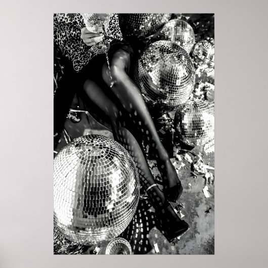 Zwart-wit Disco Bal Print, Cocktail Poster (Voorkant)