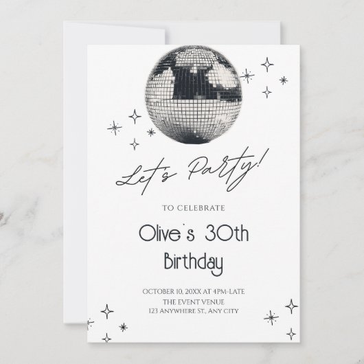 Zwart-wit discobalfeest  kaart (Voorkant)