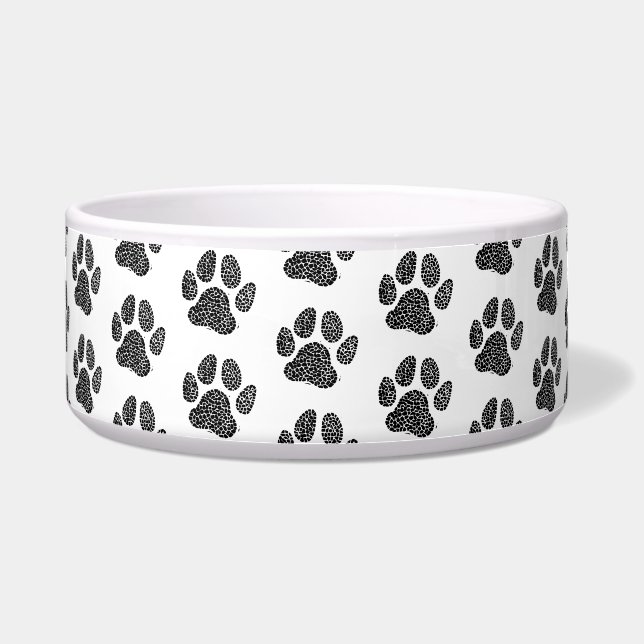Zwart-wit Dog Paw Print Linocut Voerbakje (Voorkant)