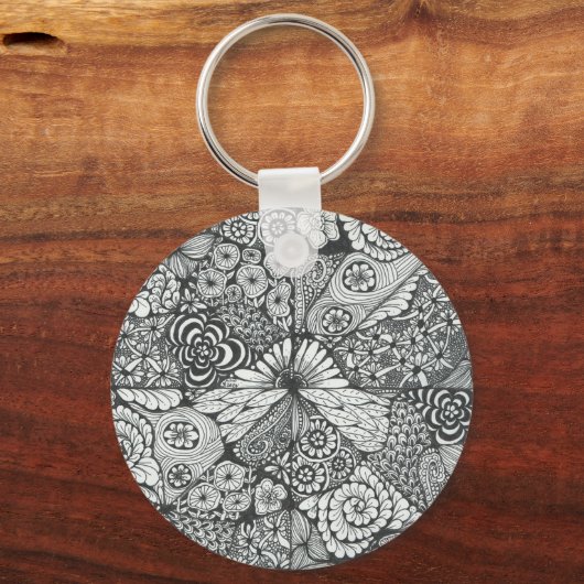 Zwart-wit doodle art keyring. sleutelhanger (Voorkant)