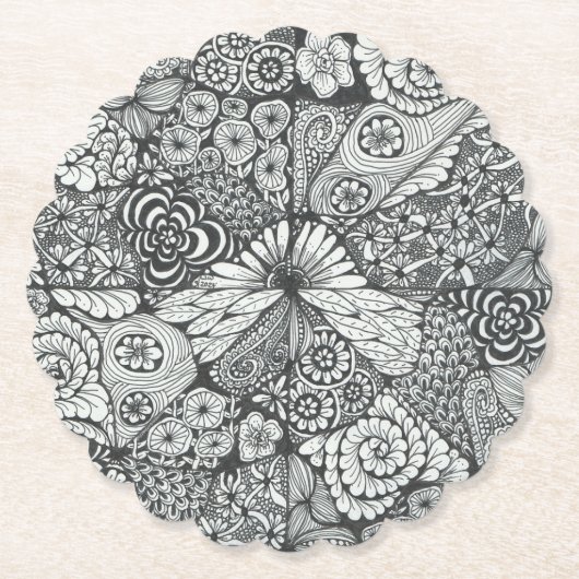 Zwart-wit doodle art onderzetter. kartonnen onderzetters (Voorkant)