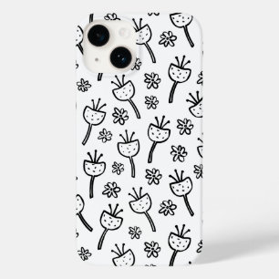 Zwart-wit doodle bloemen iPhone case