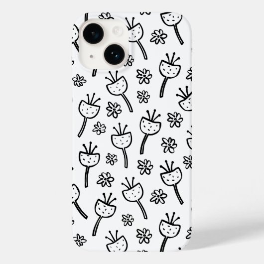 Zwart-wit doodle bloemen iPhone case (Achterkant)