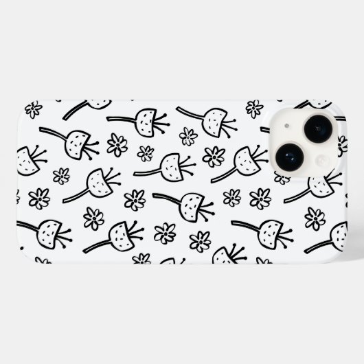 Zwart-wit doodle bloemen iPhone case (Achterkant (horizontaal))