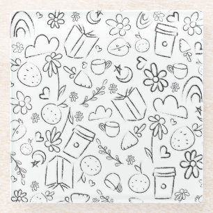 Zwart & Wit Doodle Cute Dingen Naadloos Patroon Glazen Onderzetter