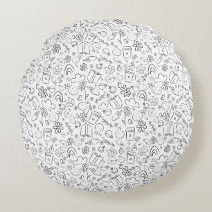 Zwart & Wit Doodle Cute Dingen Naadloos Patroon Rond Kussen