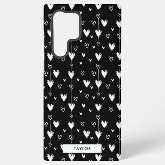 Zwart Wit Doodle Harten Patroon Monogram Naam Samsung Galaxy Hoesje (Achterkant)