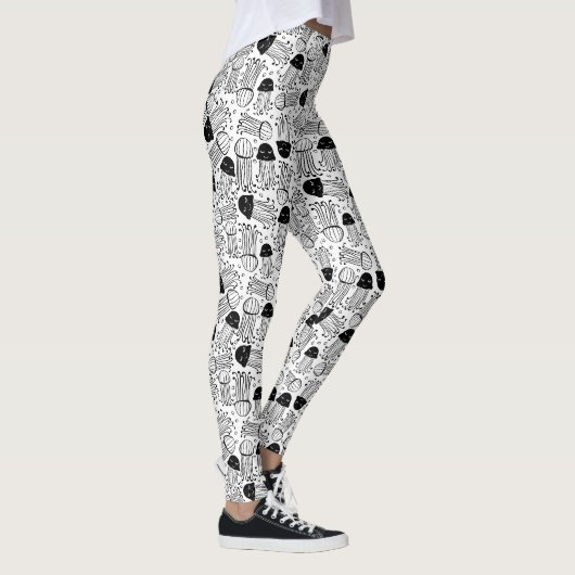 Zwart-wit doodle jelly vispatroon leggings (Rechts)