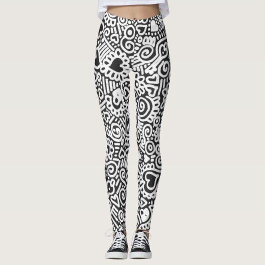 Zwart-wit Doodle-patroon Leggings (Voorkant)