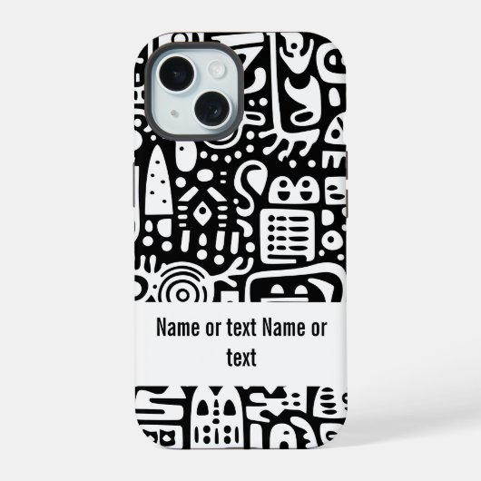 zwart-wit doodles iPhone 15 case (Achterkant)