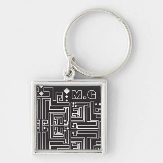 Zwart-wit doolhofpatroon met monogram sleutelhanger (Voorkant)