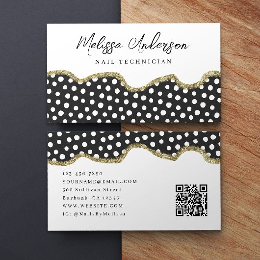 Zwart Wit Dotty Goud Glitter Preppy QR Code Visitekaartje