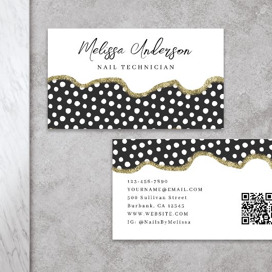 Zwart Wit Dotty Goud Glitter Preppy QR Code Visitekaartje