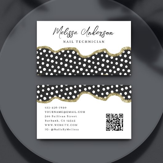 Zwart Wit Dotty Goud Glitter Preppy QR Code Visitekaartje