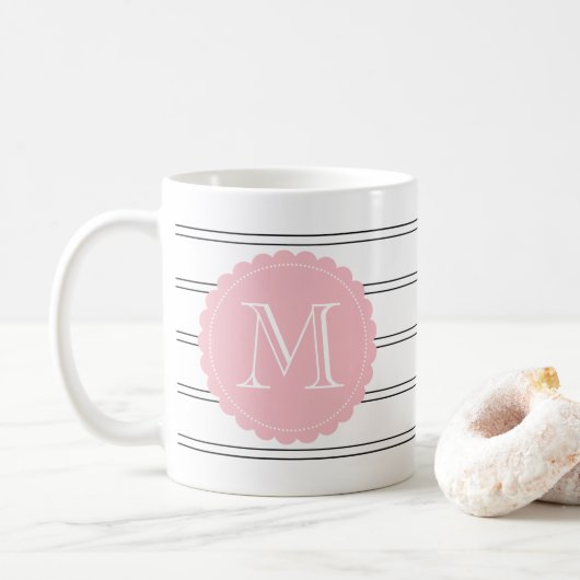 Zwart-wit Double Stripes Blush Pink Monogram Koffiemok (Met donut)