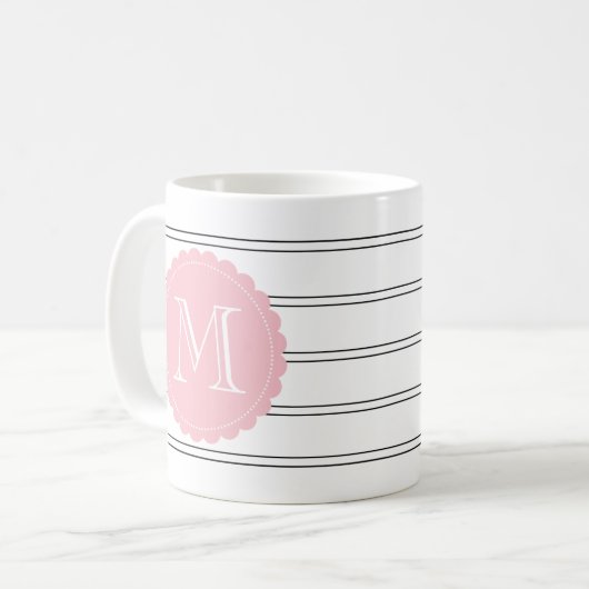 Zwart-wit Double Stripes Blush Pink Monogram Koffiemok (Voorkant links)