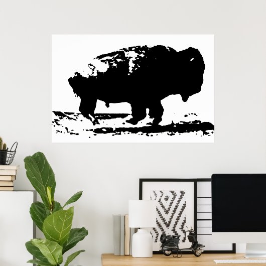 Zwart-wit draaiende buffalo Silhouette Pop Art Poster (Thuiskantoor)
