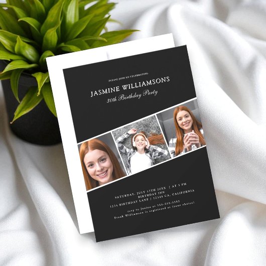 Zwart-wit drie foto collage verjaardag kaart
