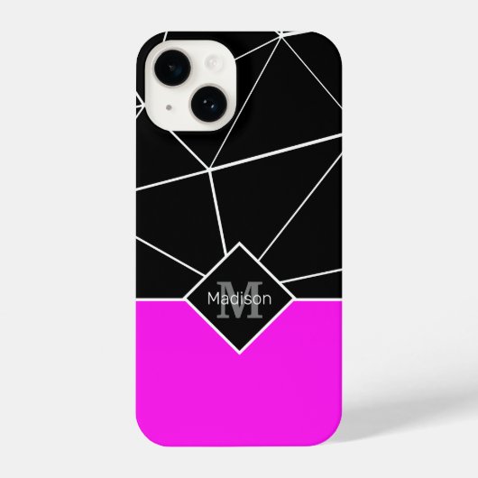 Zwart wit driehoek geometrie neon roze Monogram iPhone Hoesje (Achterkant)