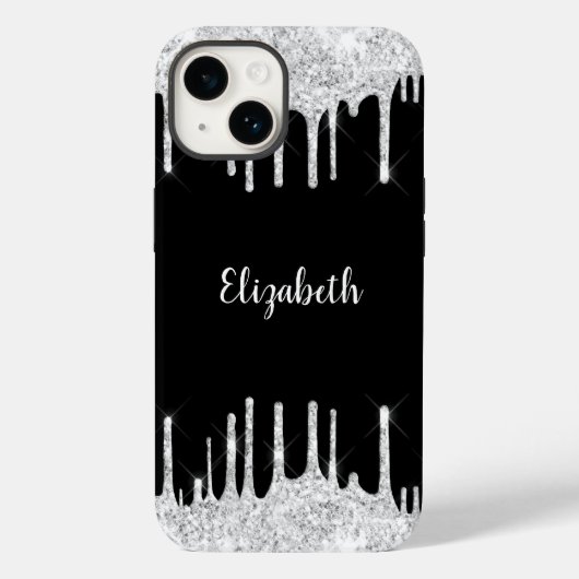 Zwart Wit Druppelende Glitter Zilver Monogram Case-Mate iPhone Case (Achterkant)