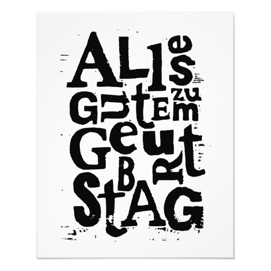 Zwart-wit Duits "Happy Birthday" Lino Cut Foto Afdruk (Voorkant)