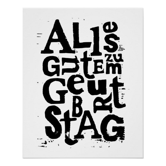 Zwart-wit Duits "Happy Birthday" Lino Cut Perfect Poster (Voorkant)