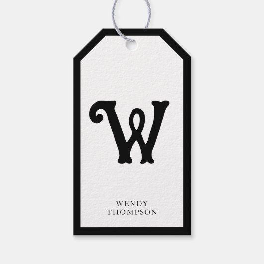 Zwart wit eenvoudig decoratief monogram cadeaulabel (Voorkant)