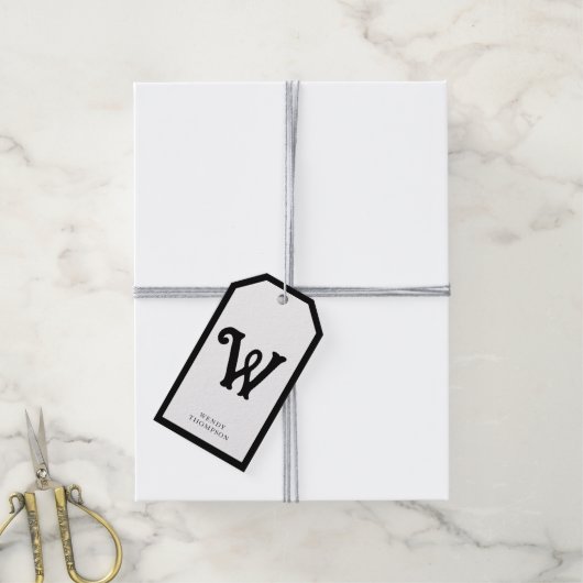 Zwart wit eenvoudig decoratief monogram cadeaulabel (Met Touw)