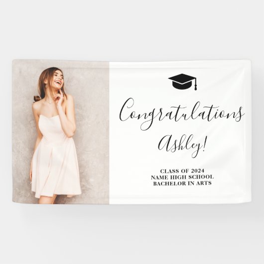 Zwart wit eenvoudig elegant afstuderen gefelicitee spandoek (Horizontaal)