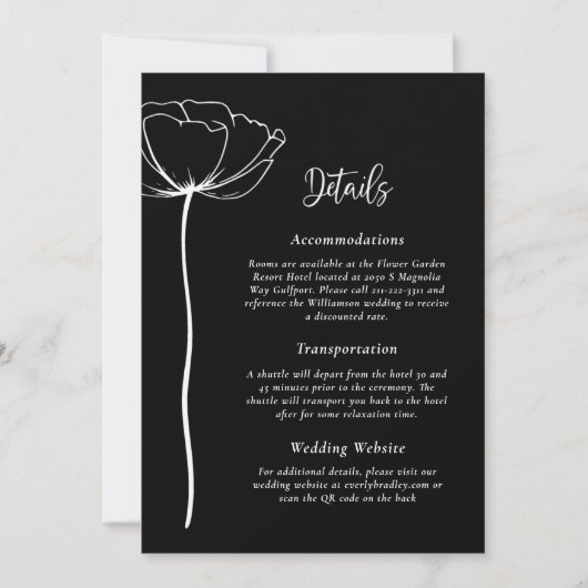 Zwart Wit Eenvoudig Elegant Bloemen Trouwdetail Kaart (Voorkant)
