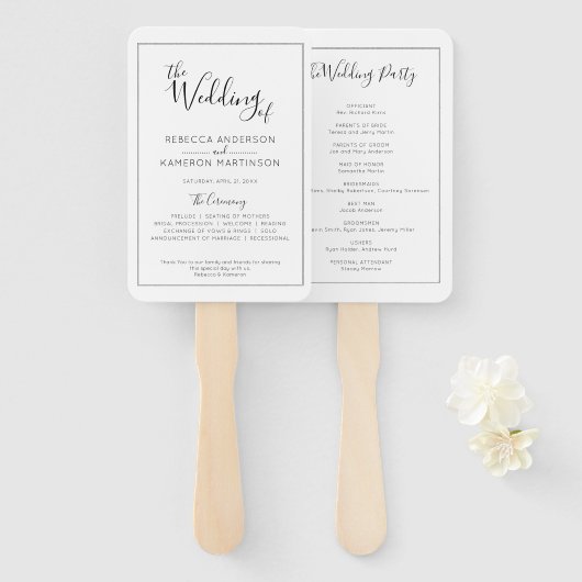 Zwart-wit Eenvoudig Elegant Huwelijksprogramma Handwaaier (Voorkant en achterkant)